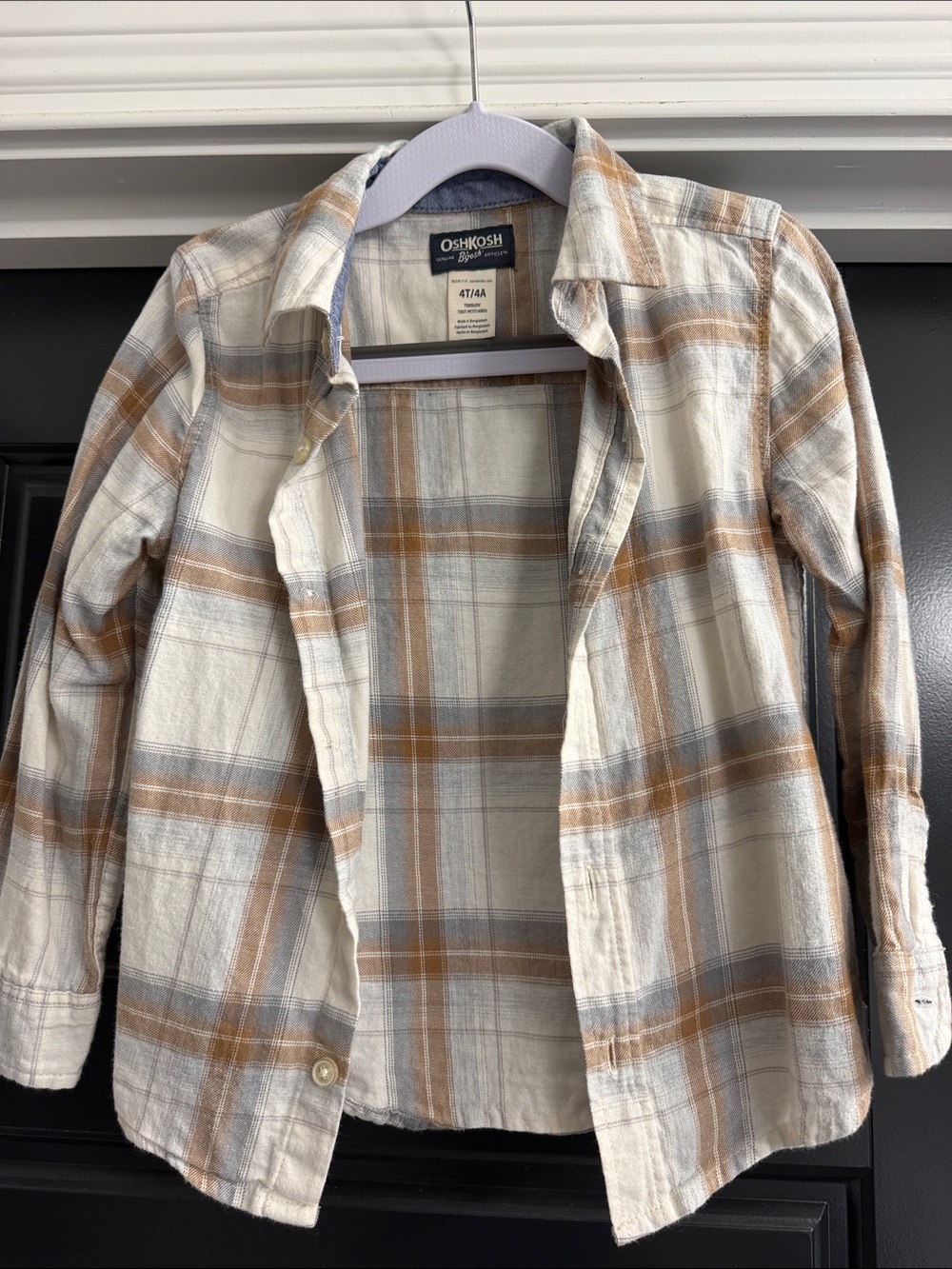 OshKosh B'gosh Boy’s Cream, Tan & Light Gray Plaid Button-Down Shirt